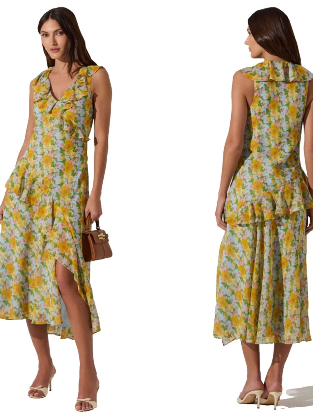 NEW ASTR The Label BLUE & YELLOW V-Neck FLORAL Ruffle SLIT Midi DRESS M